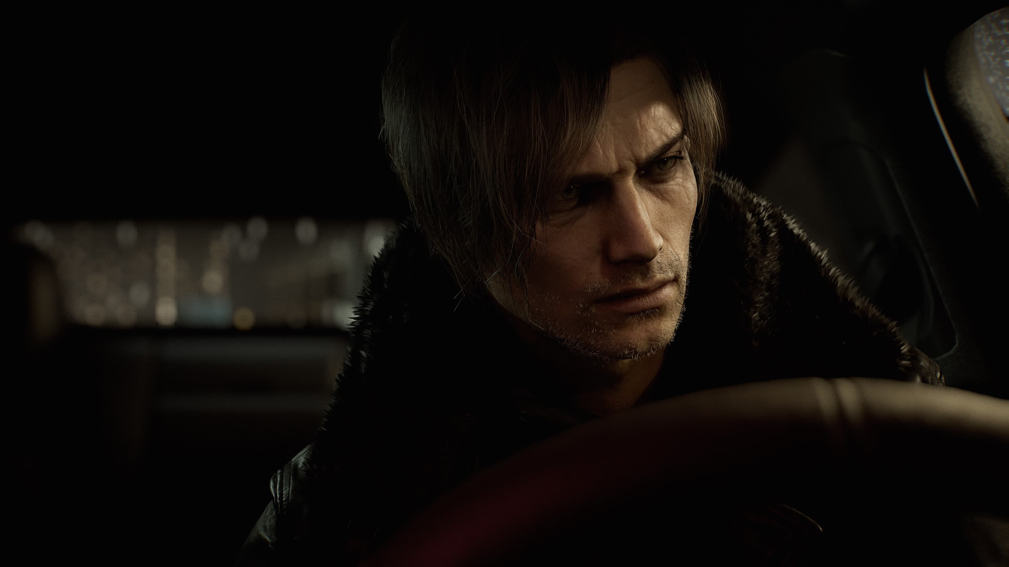 Resident Evil Requiem: Leon Kennedy at the wheel of a car at night