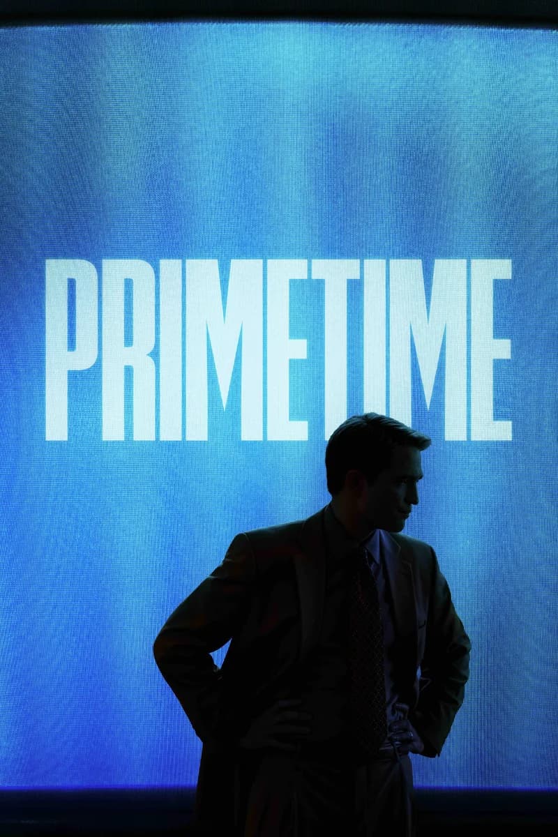 Primetime poster: the title in large white letters on a glowing blue television screen, with Robert Pattinson as Chris Hansen in silhouette, hands on hips