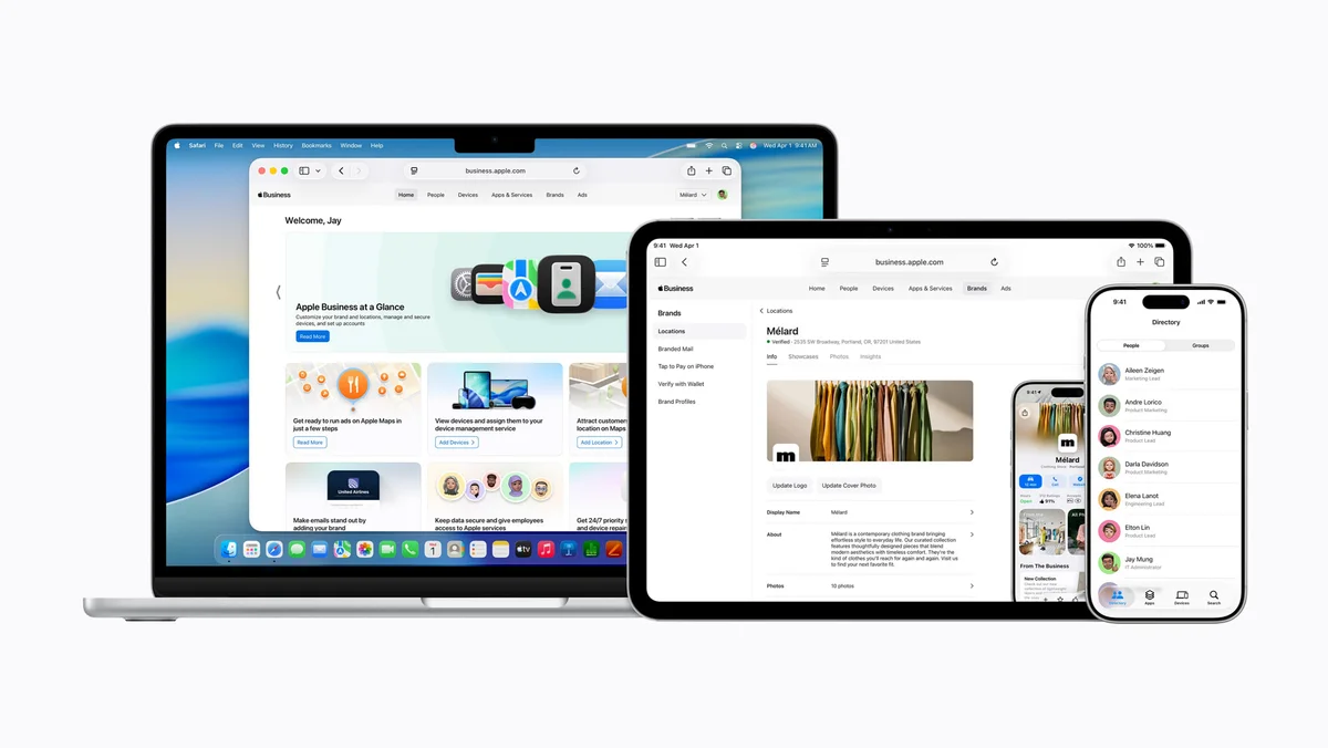 MacBook, iPad and iPhone showing Apple Business, with its home screen, brand locations and staff directory