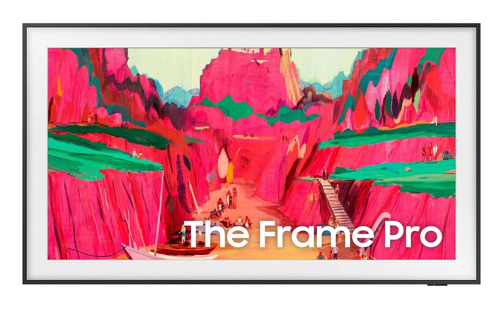 The Samsung The Frame Pro (2025) from the front in its slim black bezel, its screen showing a pink cliffside painting in Art Mode behind a white matte.