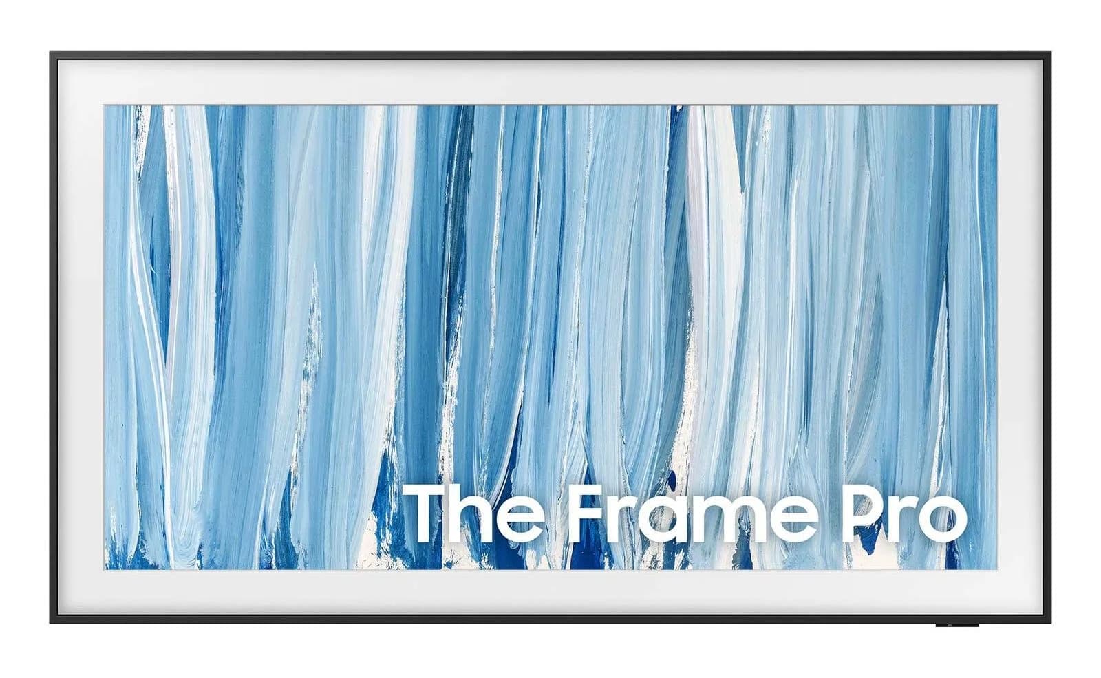 The Samsung The Frame Pro (2026) from the front in its slim black bezel, its screen showing a blue painted-stroke artwork in Art Mode behind a white matte.