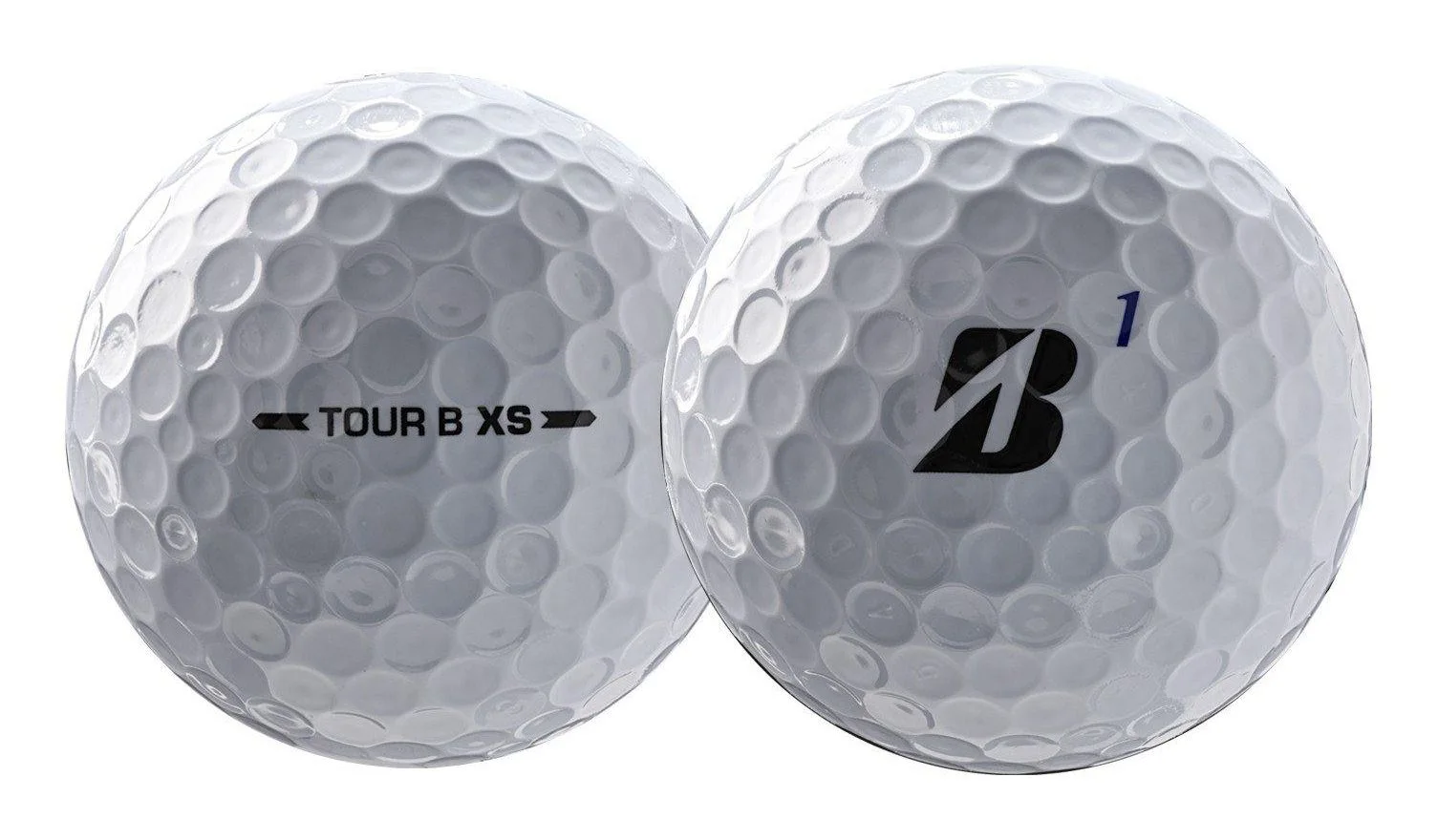 Two 2026 Bridgestone Tour B XS golf balls on white, one showing the Tour B XS sidestamp and the other the Bridgestone B logo.
