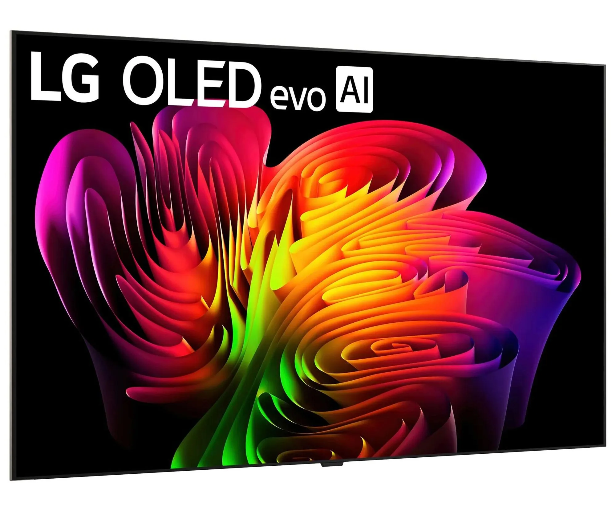 The 2026 LG OLED evo W6 wallpaper TV seen from the front at a slight angle, its screen showing LG's red and orange demo art.